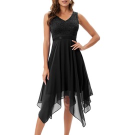Meetjen Lace Dress for Women Formal Wedding Cocktail Prom Party Dress A Line V Neck Chiffon Swing Dress Black XL