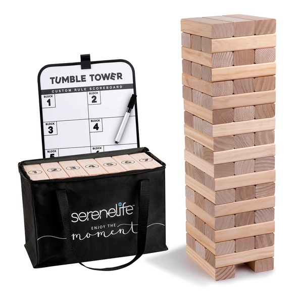 56 PCS Giant Tumble Tower Game - Non-Toxic Pine Wooden Stacking Timber Blocks Set with Zippered Carrying Bag, Book Scoreboard - Classic Jumbo Wood Block Outdoor Game for Kids and Adults