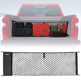 BUMBEE Envelope Style Trunk Cargo Net Compatible with Chevy Silverado 2013-2024 Accessories, Heavy Duty Carabiners Highly Elastic Truck Bed Mesh Cargo Net(16.9" X 52.56" to 66.93")