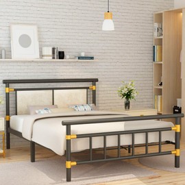 Recaceik Full Metal Bed Frame, Sturdy Platform Bed with Headboard & Footboard, No Box Spring Needed, Under Bed Storage, Non-Slip Without Noise, Gold, 75x58x38 inches, 500 lbs Weight Capacity