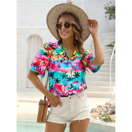 BEBNKGK Hawaiian Shirts for Women Soft Cool Hawaiian Shirt Beach Tropic Print V Neck T-Shirt Vacation Button Up Tops(Colour,L)