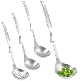 4 Pcs Soup Ladle and Slotted Spoon Set Stainless Steel Soup Ladle Colander Spoon with Extended Handle and Hole Multifunctional Cooking Utensil