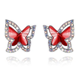 GEMMANCE Butterfly Crystal Stud Earrings with Ruby Red Birthstone for January and July, Silver-Tone