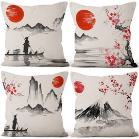 Aoihrraan 24 x 24 Inch Japanese Style Cushion Covers Red Sun Black And White Landscape Mount Fuji Square Linen Decorative Throw Pillow Covers Japan Tavern Pillowcases Sofa Tatami, 61x61cm Set of 4