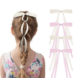 4PCS Pink Off-white Hair Bows for Women Silky Satin Barrettes Long Tail Hair Bow Ribbon Women Accessories for Daily, Prom, Back to School