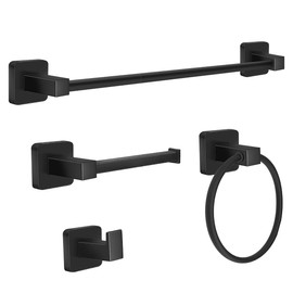 DEGULAS Bathroom Hardware Set 4 Pieces,Stainless Steel Matte Black Towel Bar Set, Includes 24In Towel Bar, Towel Ring, Robe Towel Hooks,Toilet Paper Holder, Bathroom Towel Rack Set