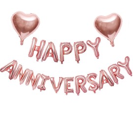 HAPPY ANNIVERSARY Ballons Banner Bunting with 2 Heart Balloons Decoration Banner for Wedding Anniversary Love Party and Anniversary Event Party Decoration, Rose Gold