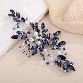 Teyglen Ink Blue Rhinestone Wedding Hair Comb Simple Rhinestone Pearl Hair Comb Bridal Headpiece Head Jewelry Accessories for Women Party Prom(Ink Blue)