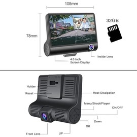 Dash Cam Front and Rear View Video Recorder 3 Cameras Lens 4.0 Inch Touch Screen Car DVR Recorder Full 1080P 170° Wide Angle Auto Recorder Rear Cam with 32 GB Storage Card Black