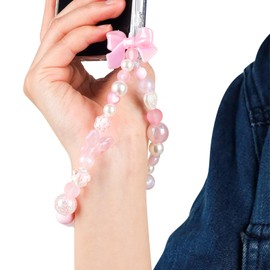 LUVI Beaded Phone Charm Lanyard Wrist Strap Love Heart Bow Beads Butterfly Chain Flower String Pearl Bling Bracelet Keychain Cute Fashion for Women Pink