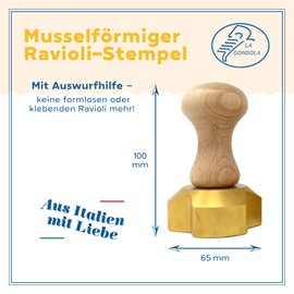 La Gondola Ravioli Stamp - Shell Shaped 65 mm | Italian Pasta Tool for Home, Commercial Kitchen | Brass & Natural Wood | Easy to Use | Tortelli Ravioli Cookie Cutter Made in Italy