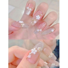 MouyouGlow Press on Nails Medium Length, Ballerina 3D Sakura Japan Flowers Cat Eye Magnetic French Beads Gold Line Fairy Fake Nails with Nail Glue, Floral Sweet Artificial Fingernails