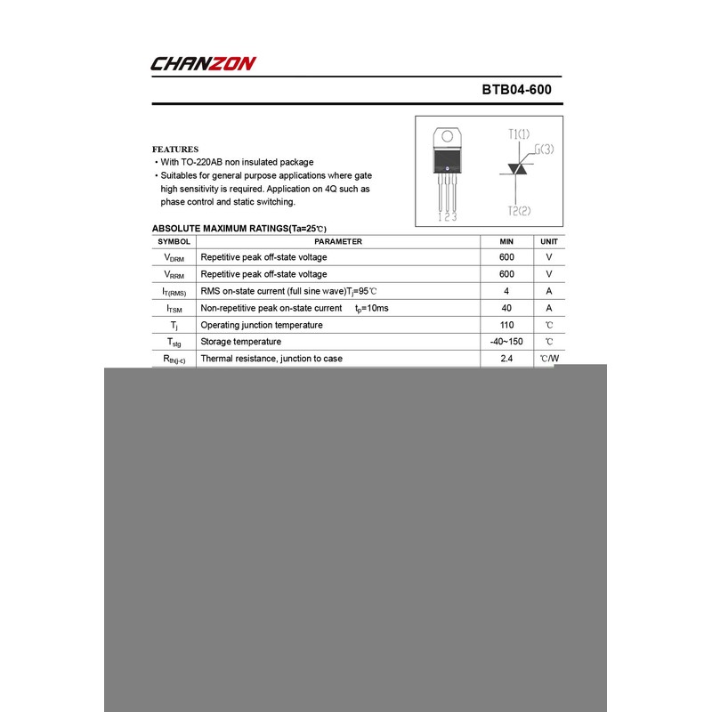 Chanzon BTB04-600SL TO-220AB Triac Thyristor Transistor, Bidirectional Silicon-Controlled Rectifier (Pack