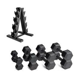 CAP Barbell 100 LB Coated Black Handle Hex Dumbbell Weight Set with Vertical Rack