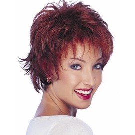 RENERSHOW Short Red Pixie Cut Wavy Wigs for White Women with Bangs Burgundy Highlight Synthetic Wig 6 Inch