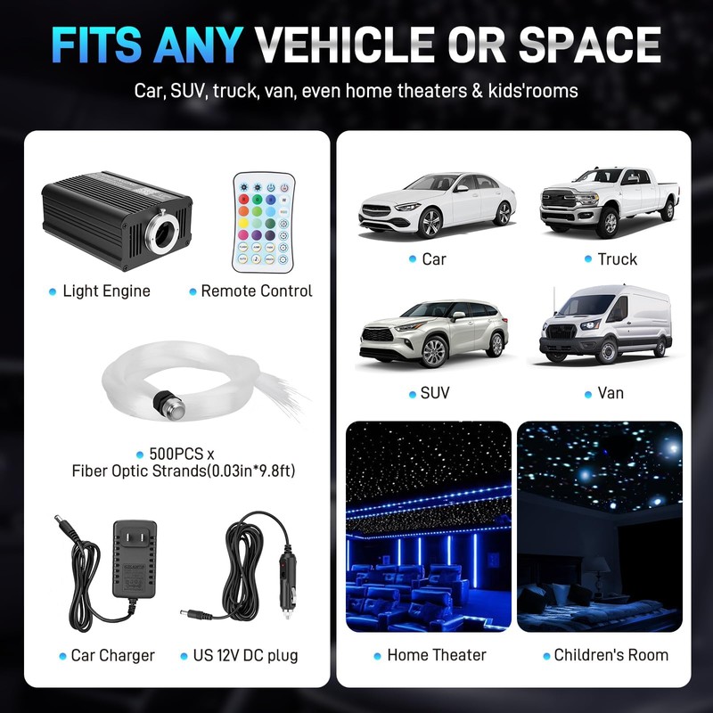 Twinkle Starlight Headliner Kit, 500pcs 0.03in/9.8ft, 16W LED Star Ceiling