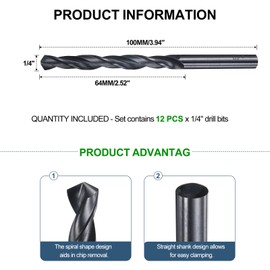 METALLIXITY 6.35mm Drill Bit (1/4") 12Pcs, 4241 High-Speed Steel Straight Shank Nitriding Black 118° for Wood Plastic Iron Copper Aluminum Low Soft Metal