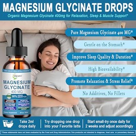 Pure Magnesium Glycinate Drops | High Absorption Liquid Magnesium Glycinate 400mg Support Sleep,Nerve & Bone Health | Magnesium Bisglycinate Chelate f