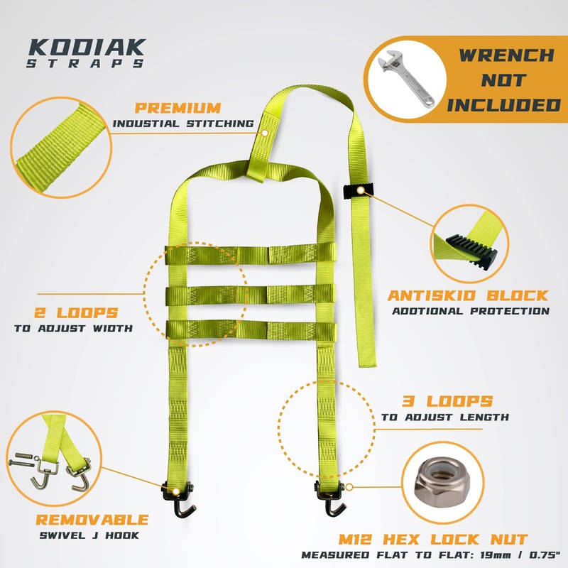 KODIAK STRAPS Adjustable Wheel Net Tow Basket Straps with Swivel