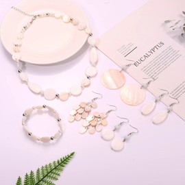 JERTOCLE Shell Necklace and Bracelet Earrings Set for Women Boho Shell Choker Necklace Bracelet Waterfall Seashell Dangle Earrings Summer Beach Jewelry (Beige)