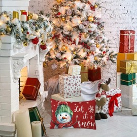 Qilerongrong Christmas Snowman Throw Pillows Covers 12x20 Inch, Let It Snow Winter Decorative Zipper Lumbar Linen Pillow Cases, Holiday Xmas Double Sided Printing Red Cushion Covers for Couch Sofa