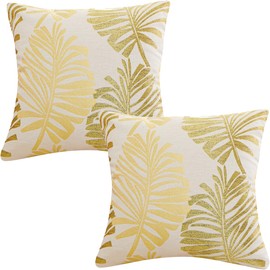Tennove Cushion Covers 40x40cm Cotton Linen & Velvet Soft Throw Pillow Covers Set of 2 Decorative Tropic Leaf Pattern Square Cushion Cases Pillowcases for Couch Sofa Home Décor, Yellow