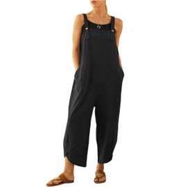 UANEO Womens Cotton Adjustable Casual Summer Bib Overalls Jumpsuits with Pockets (Black, Medium)