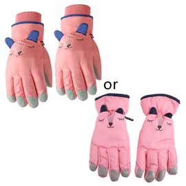 Children's Winter Waterproof Snow Gloves, Plain, Cartoon Ears, Heat Insulated, Windproof, Sports, Snowboarding, Skiing, Warm Mittens - red