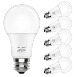 DiCUNO A19 LED Light Bulbs 60W Equivalent, Daylight White 5000K, High CRI 90, E26 Medium Base 9W 800 Lumens 120V, Non-dimmable, Frosted, 6 Pack
