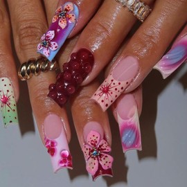 Flowers Press On Nails Long Coffin Shape Fake Nails with French Tips 3D Floral Design Reusable Gel False Nails Acrylic Artificial Full Cover Stick on Nail for Women Home Nail Art DIY Salon