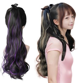 AZ-FRONT Kids Dance Ponytail Wig Colorful Hair Extensions for Kids Recital Party (Natural Black+Vivid Purple)