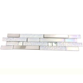 Hominter Glass Metal Tile Linear Mosaic Iridescent White Crystal Glass Chrome Metallic Interlocking Tile Stain Resistant for Kitchen Backsplash Bathroom & Shower Wall Tiles (3x12 Sample)