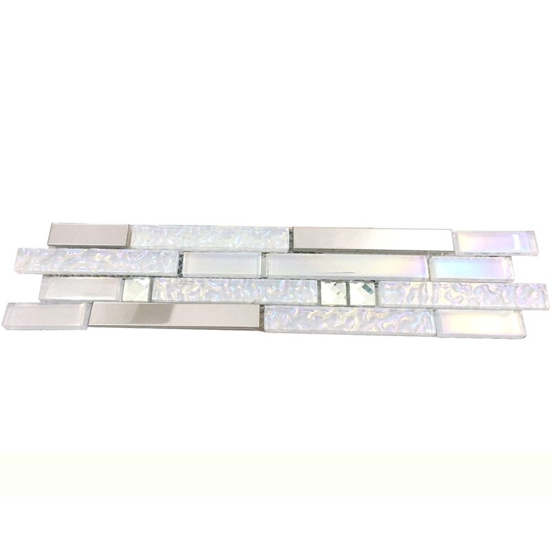 Hominter Glass Metal Tile Linear Mosaic Iridescent White Crystal Glass