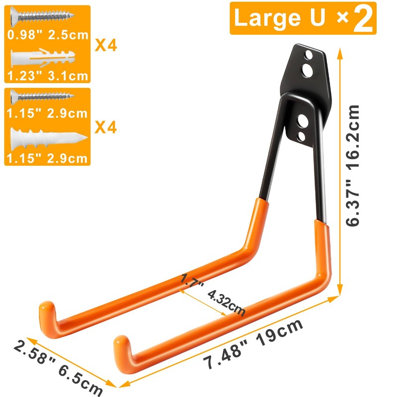 KURUI Heavy Duty Garage Hooks for Hanging, 2 Pack Metal