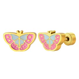 Rockyu Allure Kids Gold Butterfly Design Stainless Steel Enamel Cute Pink Blue 2g Birthday Gift Earrings, Stainless Steel Enamel, No Gemstone