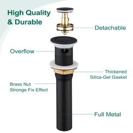 CREA Black Bathroom Sink Drain Stopper,Pop Up Sink Drain Stopper Bathroom Sink with Overflow,Vessel Sink Drain Plug with Anti-Clogging Strainer Pop Up Drain Assembly All Metal Stailess Steel