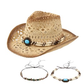 KIDAO Cowboy Hat Cowgirl Hat Straw Cowboy Hat Cowboy Hats for Women and Men with Two Decorative Hat Bands Adjustable Size Beige
