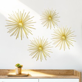 YKANYN 4 Pcs Gold Starburst Wall Decor, 3D Sunburst Wall Art Set, Mid Century Modern Metal Gold Wall Art for Living Room Bedroom Entryway Home Decoration