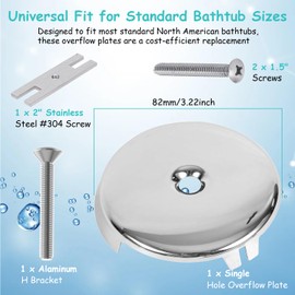 Single Hole Bathtub Drain Cover 1/8", Universal Bathtub Overflow Drain Cover with One Matching Screw for Waste and Over Flow, Tub Overflow Cover Fits Most Standard Bath Tub Drains (2PCS) (Silver)