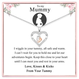 To My Mummy Necklace Baby Bump, Pregnancy Gifts for Mum Expecting New Mum to Be, Silver Heart Baby Feet Necklace for Women Mummy To Be First Time Mum Gift Ideas for Baby Shower Baby Announcement Gift
