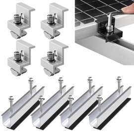 Solar Panel Bracket Flat Roof Kit, 4 Pieces Aluminium Rails and 4 Pieces PV Bracket End Clamps Adjustable for 30-35 mm Modules, Solar Panel Bracket Clamp Mounting Set Mounting Clips