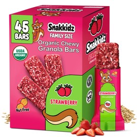 Snakkidz Organic Chewy Granola Bars for Kids, Allergen-Free, Nut-Free, Gluten-Free, Low Sugar Snack Bars Made with Avocado Oil, Individually Wrapped, School Lunch Snacks, Bulk Pack of 45, Strawberry