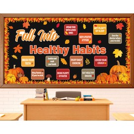 Fall Healthy Bulletin Board Maple Leaves Pumpkin Cutouts Healthy Habits Bulletin Board for Fall Class School Office Thanksgiving Autumn Party Chalkboard Wall Door Supplies