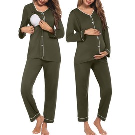 Ekouaer Maternity Pajama Set Button Down Nursing Pajamas Long Sleeve Breastfeeding Loungewear with Adjustable Pants Army Green