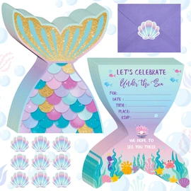 Hotop 24 Sets Mermaid Birthday Invitations with Envelopes and Mermaid Stickers Glitter Mermaid Invitations for Kids Birthday Party Baby Shower Mermaid Themed Party Supplies Pool Party