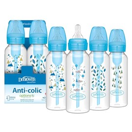 Dr. Brown's Opciones anticólicos + biberones estrechos, 0 m+ nivel 1 pezón – botella para reducir los cólicos, paquete de 4, 8 onzas, diseños Blue Nature