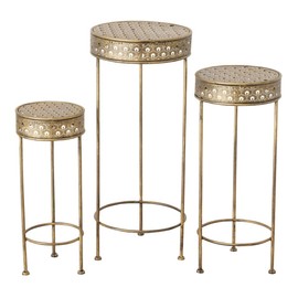 WHW Whole House Worlds Paisley Metal Plant Stands, Set of 3, Circular Nesting Tables, Lattice Tops, Slim Line Base, Vintage Gold Finish, Iron, 20, 23, and 28 Inches