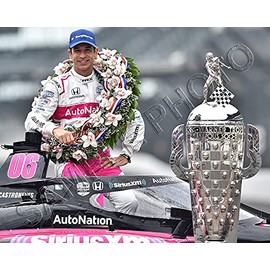 Helio Castroneves 2021 INDY 4-TIME 500 Winner Auto Racing 8X10 Photo w Trophy