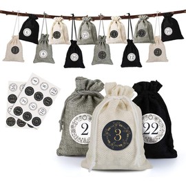 Naler Advent Calendar 2024 Christmas Drawstring Pouches Jute Gift Bags 24 Days Burlap Hanging Countdown Candy Gift Bags for Xmas Christmas Decorations with 1 to 24 Stickers, Grey/Black/white