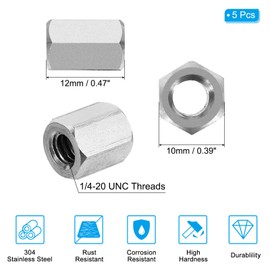 PATIKIL 1/4"-20 UNC 304 Stainless Steel Hex Coupling Nuts, 5Pcs 0.47" Length Fully Threaded Rod Coupling Nut Studding Connector Fasteners, Silver Tone
